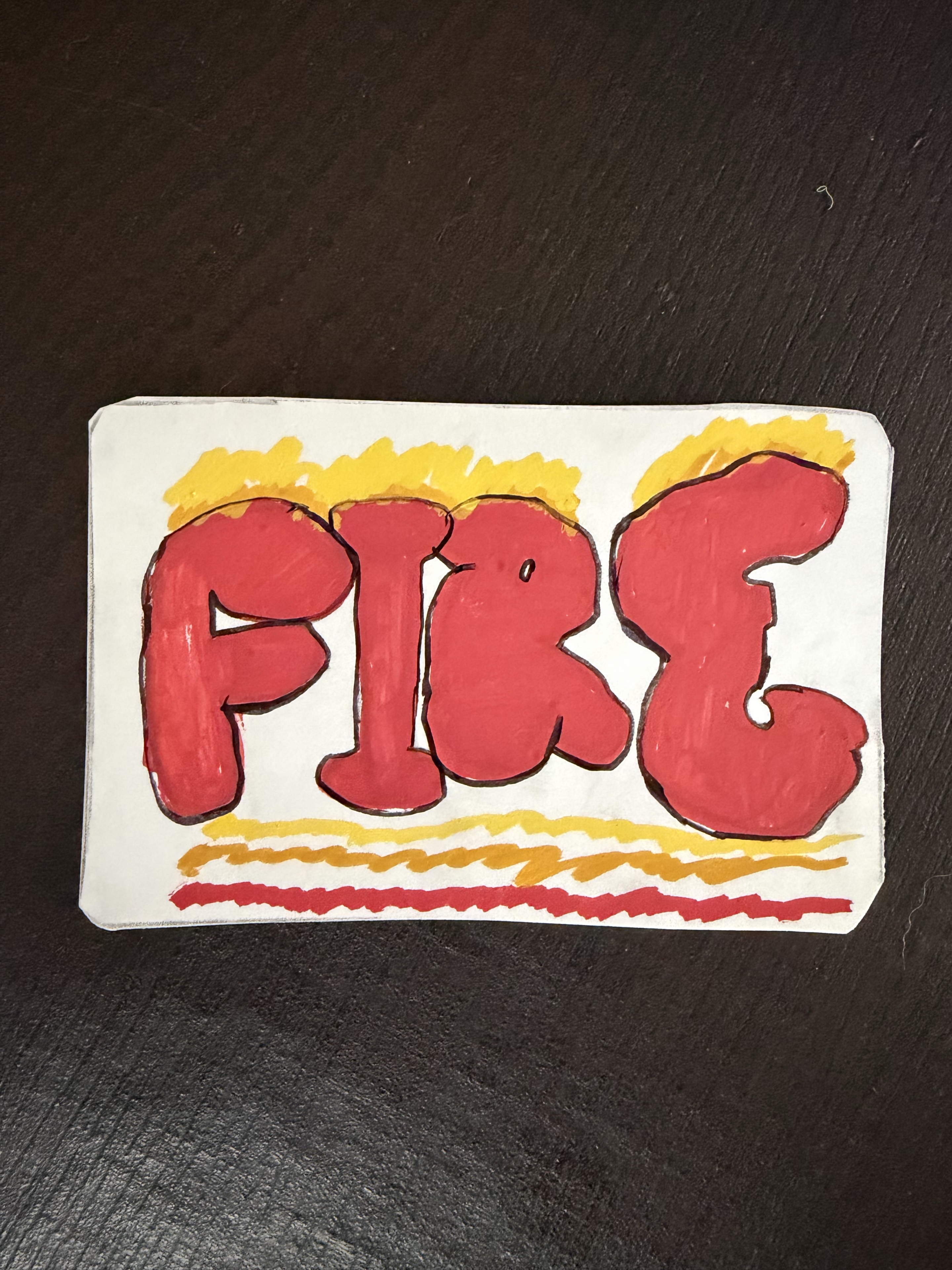 Production Fire graffiti card in red, yellow and black